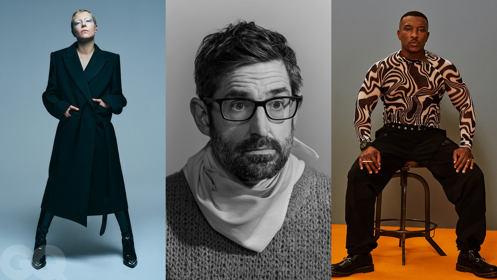 Image may contain Clothing Coat Long Sleeve Sleeve Adult Person Overcoat Louis Theroux Ashley Walters and Head